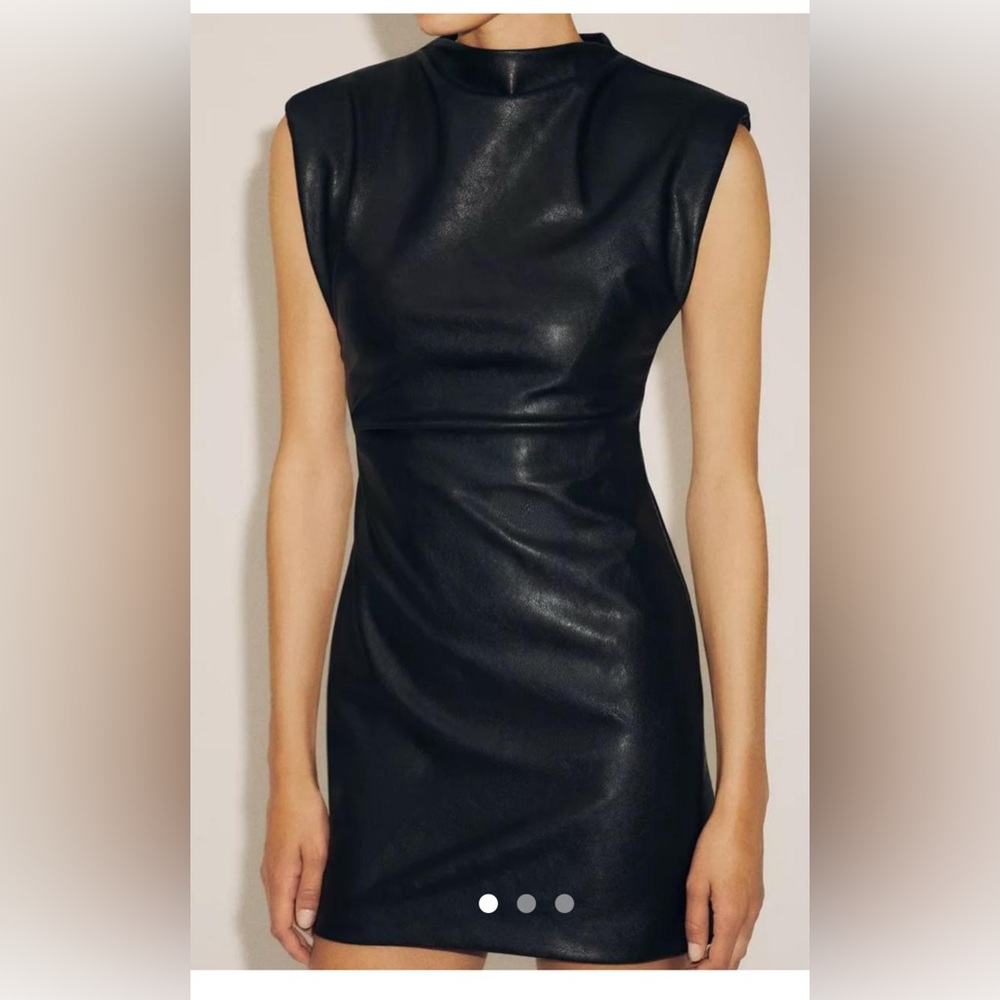 Zara Black Faux Leather Mini Dress with shoulder pads.